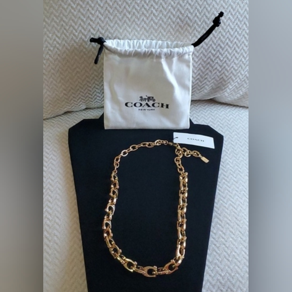 Coach Chunky Signature Chain Link Necklace/Pink Stones - Picture 8 of 14
